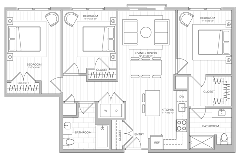 Three-bedroom floor plan with Juliette balcony image centered around a kitchen island with adjoining living and dining areas.